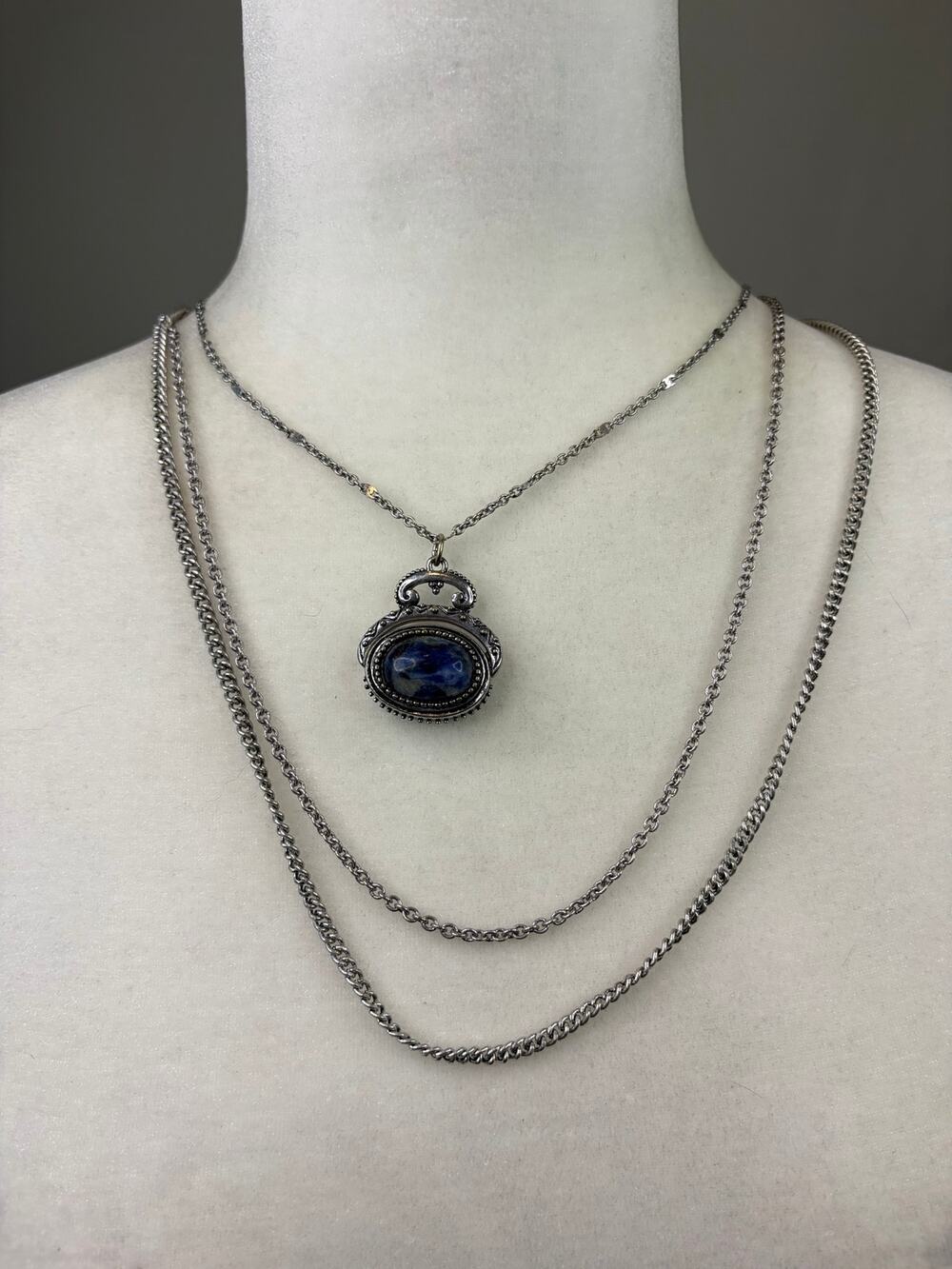 Chico's Silver Tone Layered Long Necklace Blue Stone Pendant 3 Strand Chain